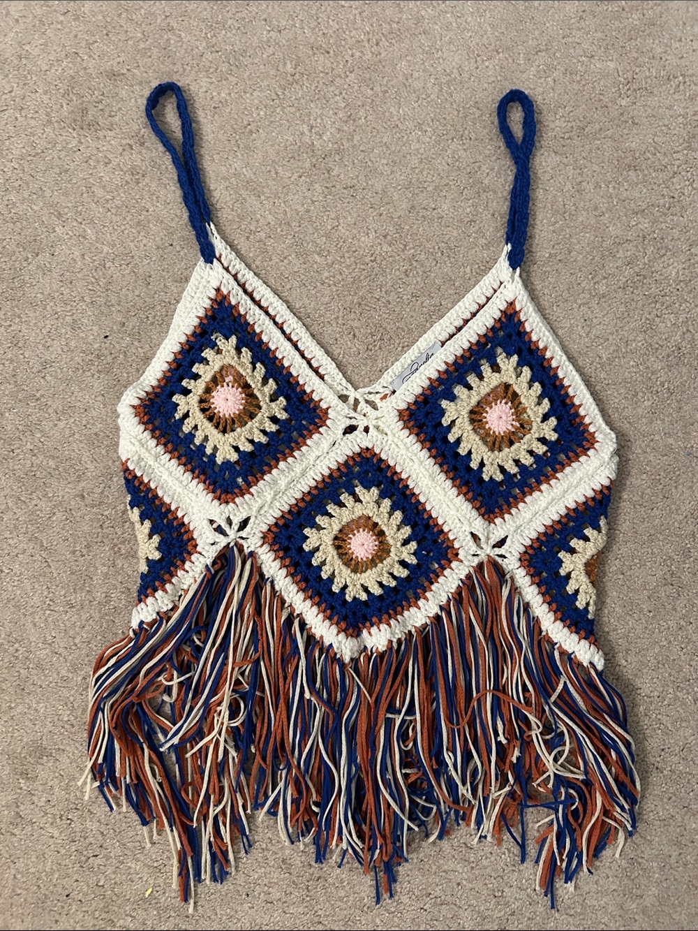 Crochet Fringe V-Neck Tank Top - Blue, Cream & Brown
